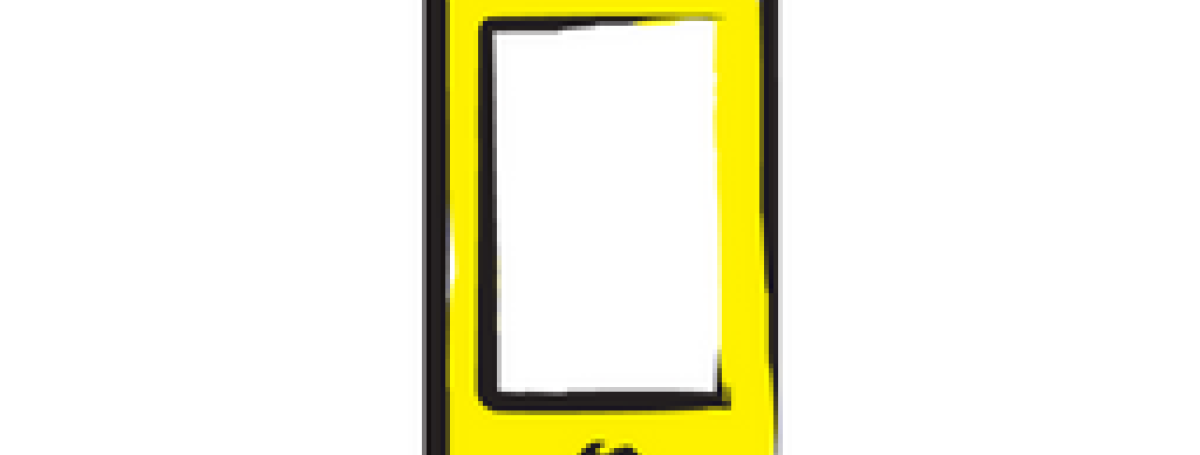 An illustration of a smartphone outlined in a black paintbrush style design. A dash of yellow paint appears on the phone.