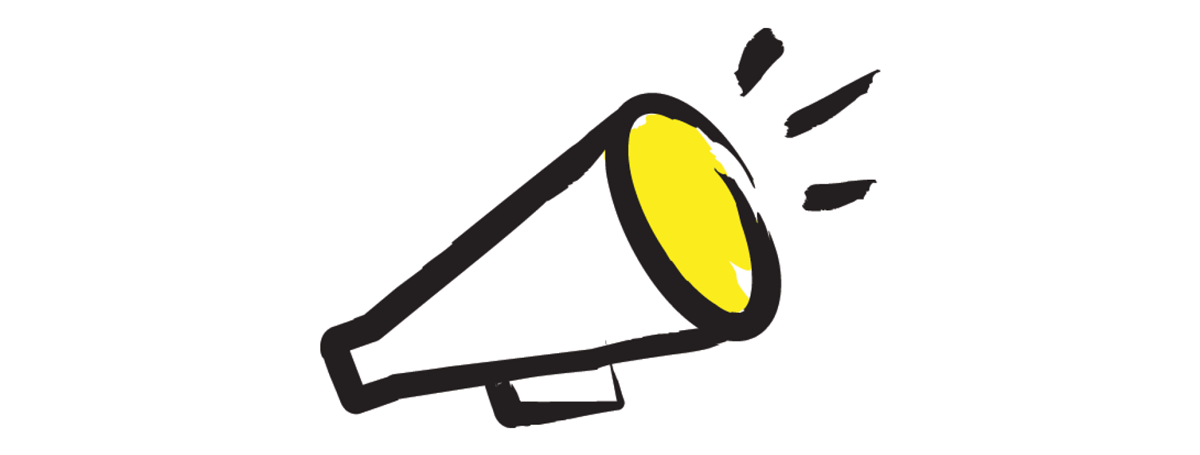 An illustration of a megaphone outlined in a black paintbrush style design with yellow accents.