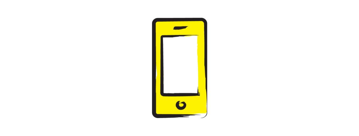 An illustration of a smartphone outlined in a black paintbrush style design. A dash of yellow paint appears on the phone.