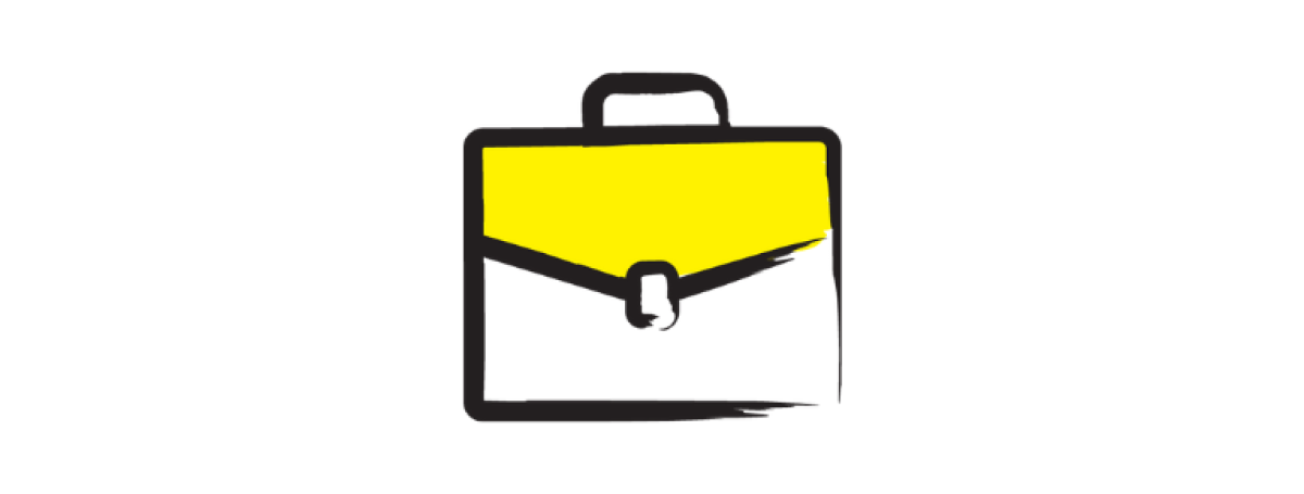 An illustration of a briefcase on a white background outlined in a black paintbrush-style design with yellow accents.