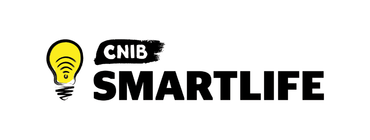 CNIB SmartLife logo. An illustration of an illuminated lightbulb with yellow accents. To the right of the light bulb is the text: CNIB SmartLife. 