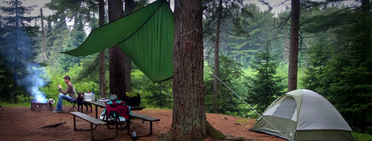 A campsite with a tent, picnic table with shade, campfire nestled among tall trees. 