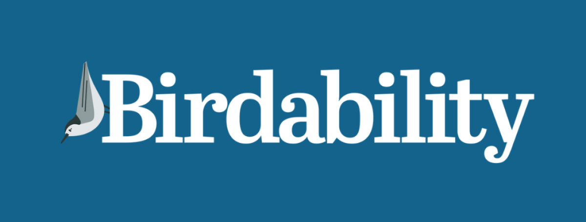 Birdability logo. An illustration of a white and grey bird, followed by the text: Birdability. The bird is sitting vertically, scaling the letter "B."