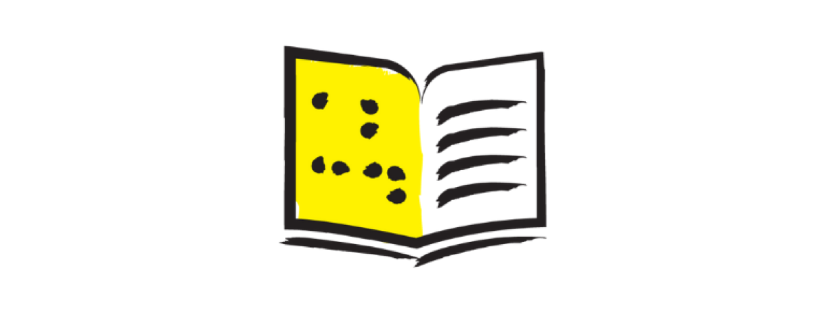 An illustration of a braille book icon outlined in a black paintbrush style design with yellow accents.