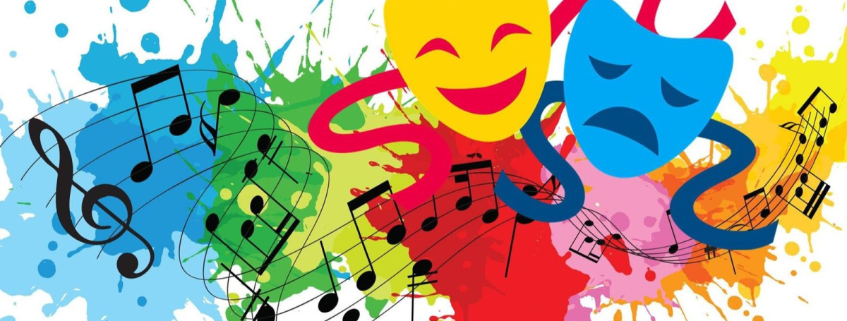 Illustration of musical notes and comedy & tragedy masks on top of splotches of colour in primary colours.