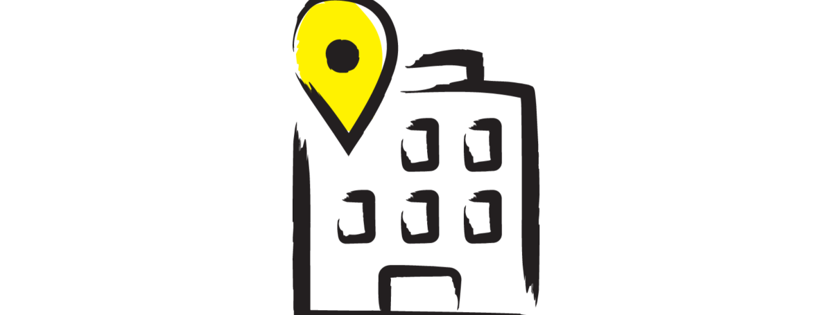 An illustration of a building with a yellow location drop pin on the top left-hand corner of the design.