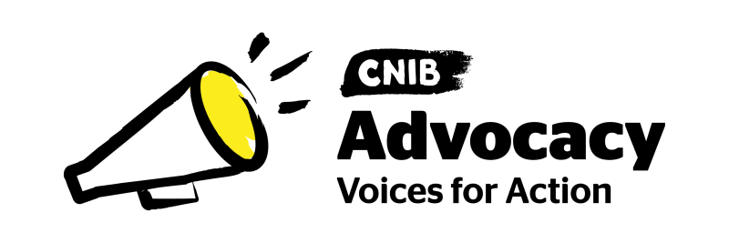 An illustration of a megaphone outlined in a black paintbrush style design with yellow accents. To the right of the icon is the text: CNIB Advocacy, Voices for Action.