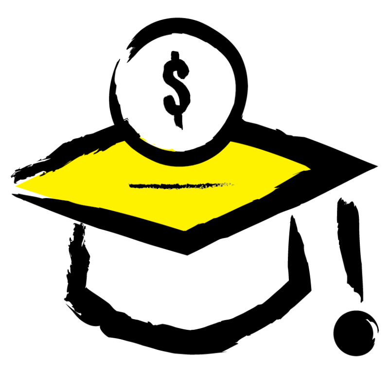 An illustration of a graduation cap with tassel with a dollar sign floating above the cap.