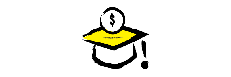 An illustration of a graduation cap with tassel with a dollar sign floating above the cap.