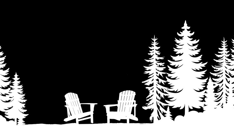 a black and white illustration of pine trees and muskoka chairs