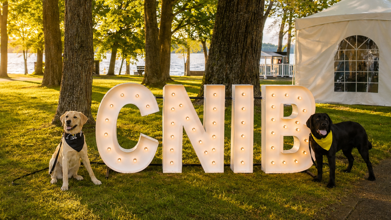 Two guide dogs in training stand on either side of a lighted CNIB sign at Lake Joe 