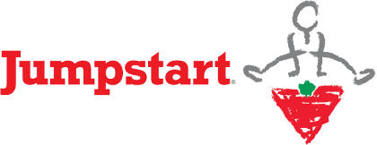 Jumpstart logo with the text “Jumpstart” beside a pencil drawing of a person jumping over the Canadian Tire Logo – red inverted triangle with a green maple leaf in the top middle.