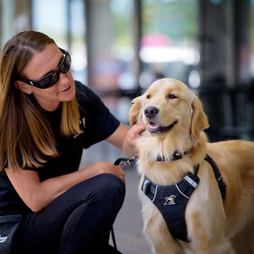 A trainer outside with a guide dog puppy in training