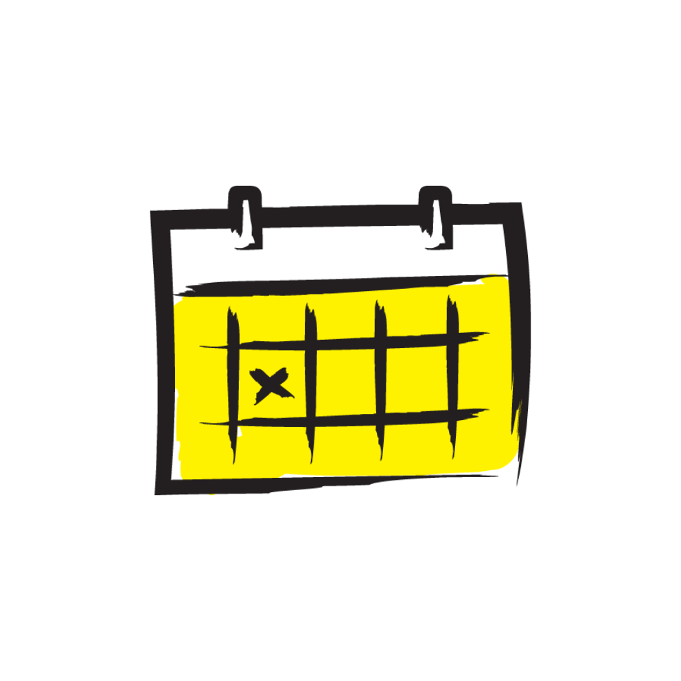 An illustration of a calendar on a yellow background outlined in a black paintbrush-style design.