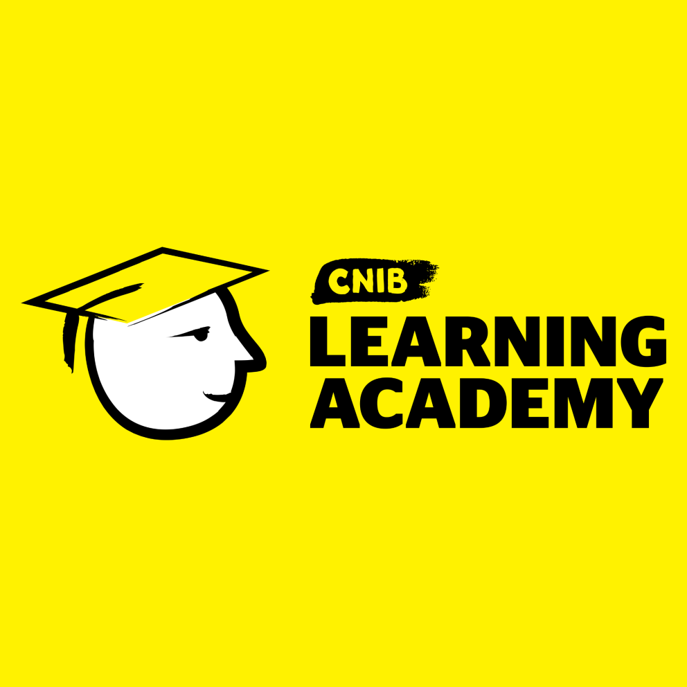 CNIB Learning academy logo. A graphic-art illustration of a smiling face/icon wearing a graduation cap with white accents. Text: CNIB Learning Academy 