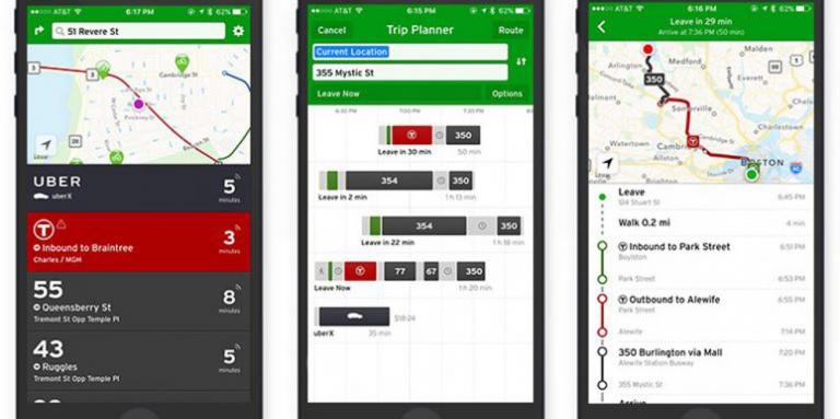 3 téléphones intelligents montrant des fonctionnalité de l'application Transit. On voit des cartes, des options de trajets, etc.