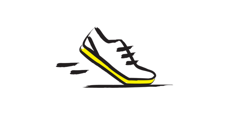 An illustration of a running shoe outlined in a black paintbrush style design with yellow accents.