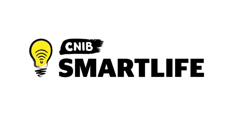CNIB SmartLife logo. An illustration of an illuminated lightbulb with yellow accents. To the right of the light bulb is the text: CNIB SmartLife. 