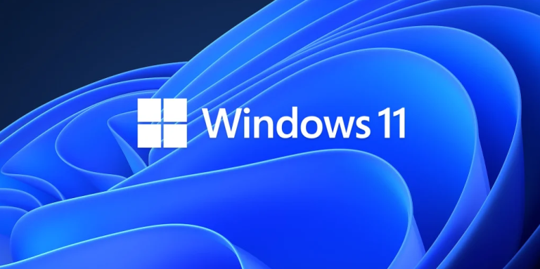 Logo de Windows 11 sur un fond d'illustration de vagues ou de tissu bleu.