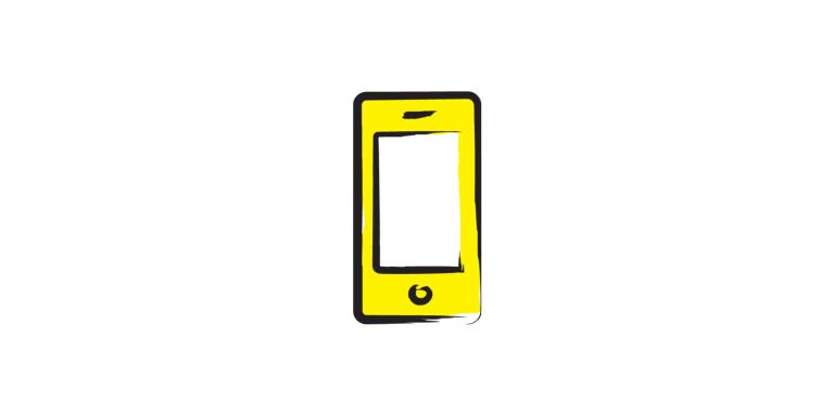 An illustration of a smartphone icon outlined in a black paintbrush style design with yellow accents.