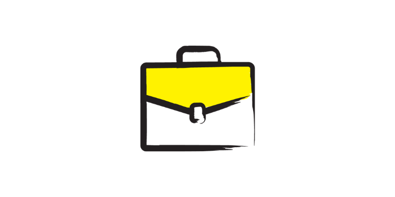 An illustration of a briefcase on a white background outlined in a black paintbrush-style design with yellow accents.