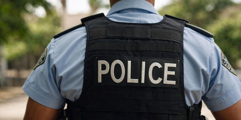Man wearing a blue police shirt and a vest with "POLICE" on the back.