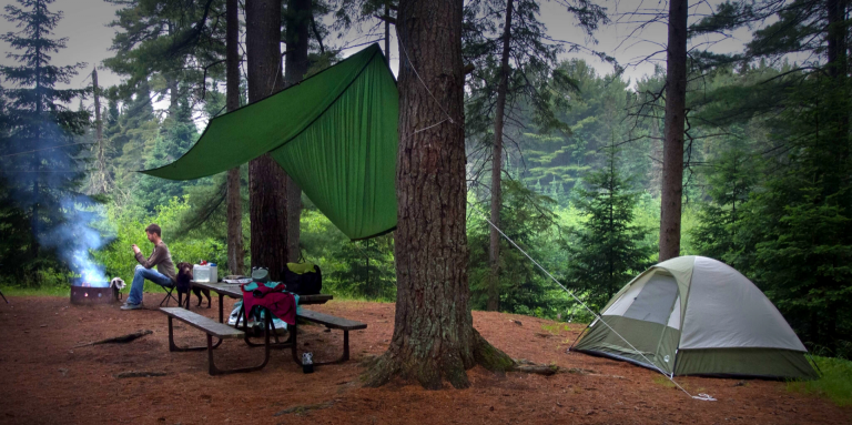 A campsite with a tent, picnic table with shade, campfire nestled among tall trees. 