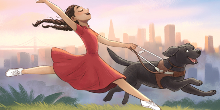 illustration of a girl in a red dress jumping through the air with a smile on her face, accompanied by a black dog in harness.