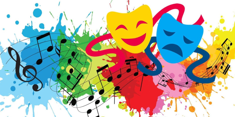 Illustration of musical notes and comedy & tragedy masks on top of splotches of colour in primary colours.