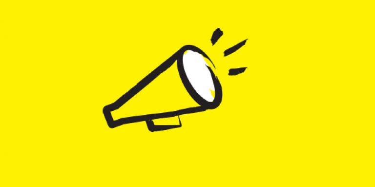 An illustration of a megaphone outlined in a black paintbrush style design with yellow accents.