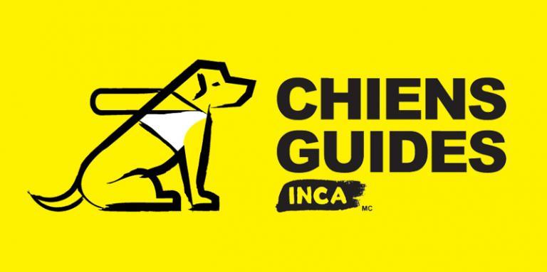 Logo des chiens-guides d’INCA : Un dessin d’un chien en harnais assis à côté des mots « Chiens-guides d’INCA » 