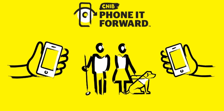 Graphic showing Phone It Forward logo with hands holding smartphones, a man with a white cane and a woman with a guide dog. 