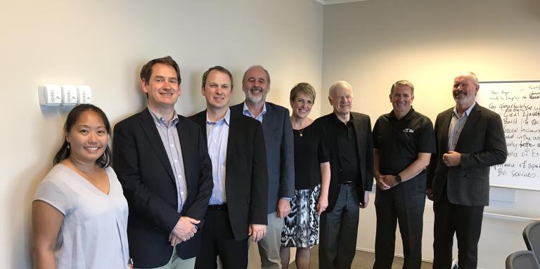Group photo. From the left:  Dr Yue-Ting Siu, Board Member, Lighthouse, San Francisco, USA Andrew Moffat, Chair, Vision Australia Matt Wieseler, Director of Strategic Intelligence, NIB (National Industries for the Blind, USA) Ron Hooton, CEO, Vision Australia Sandra Budd, Chief Executive, Blind Foundation New Zealand Ron Kruzeniski, Chair, CNIB  (Canadian Institute for the Blind) John Rafferty, President and CEO, CNIB Rick Hoskin, Chair, RNZFB