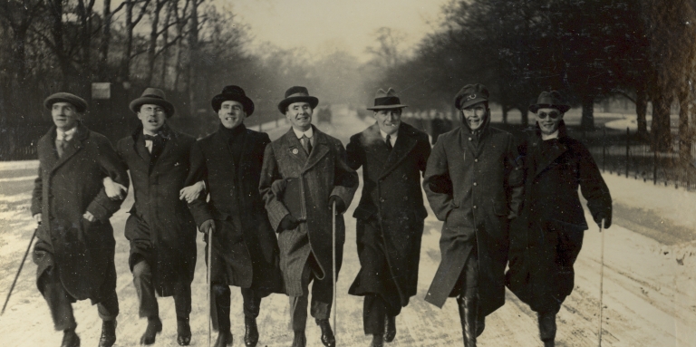 Seven veterans with sight loss walking in Regent's Park near St. Dunstan's in 1917. St Dunstan's – now Blind Veterans UK – is a rehabilitation facility in London that provides rehabilitation services to veterans with vision loss.