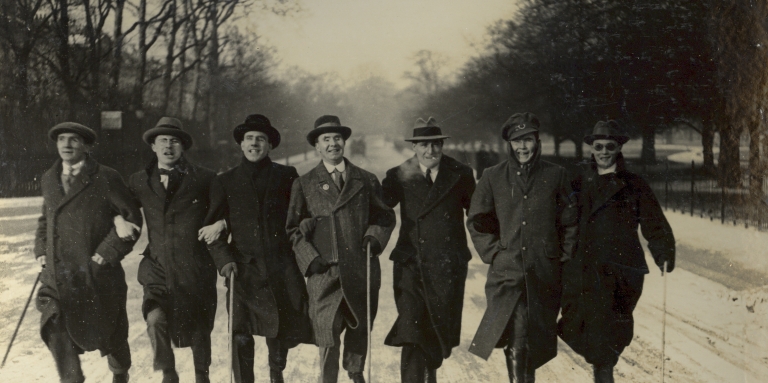 Seven veterans with sight loss walking in Regent's Park near St. Dunstan's in 1917. St Dunstan's – now Blind Veterans UK – is a rehabilitation facility in London that provides rehabilitation services to veterans with vision loss.