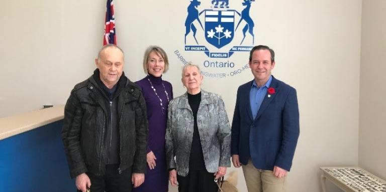 CNIB Simcoe/Muskoka advocates meeting with Doug Downey, MPP Barrie, Springwater, Oro-Medonte. Left to right: Jim Ronald (CNIB advocate), Sherri Helsdingen (Program Lead, Advocacy, Ontario North), Betty Meacher (CNIB advocate), MPP Doug Downey.