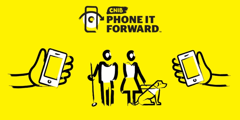 Illustration of two stick figures walking, one with a white cane and one with a guide dog, framed by two smartphones being held in two hands, and the CNIB Phone It Forward logo at the top. 