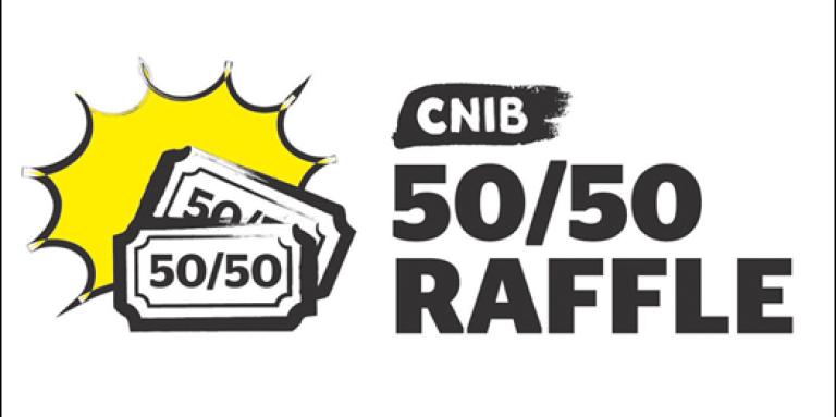 A yellow starburst, two tickets and the words "CNIB 50/50 Raffle".