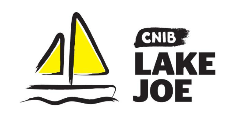 An illustration of a sailboat outlined in a black paintbrush style design. A dash of yellow paint appears on the boat sail. Text: CNIB Lake Joe.
