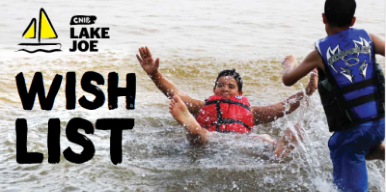 Two young boys run and splash in a lake. They are wearing life jackets. Text: CNIB Lake Joe Wish List