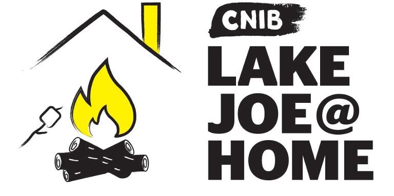 CNIB Lake Joe at Home logo. An illustration of a bonfire/roasting marshmallow sitting underneath an outline of a house/roof.  
