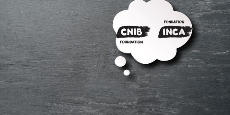 An illustration of a white, thought-cloud bubble against a grey background. Inside the thought bubble is the CNIB/INCA logo in black.