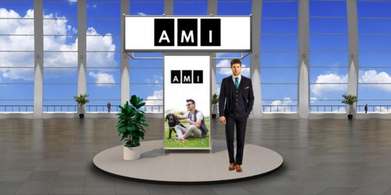 A virtual booth. 3-D graphic illustration of a man wearing a suit standing in front of an AMI display. AMI banner in the background. 