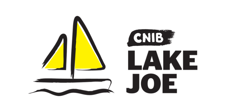 An illustration of a sailboat outlined in a black paintbrush style design. A dash of white paint appears on the boat sail. Text: CNIB Lake Joe.