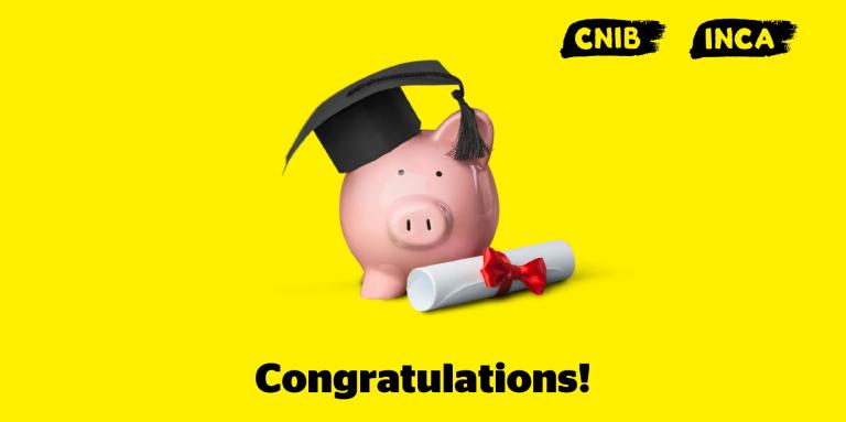 An illustration of a pink piggy bank, wearing a black graduation cap, on a yellow background. A diploma sits at the foot of the piggy bank. Text: Congratulations!]