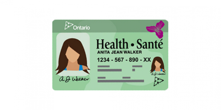 Une illustration dessinée de la carte santé verte et blanche de l'Ontario. 