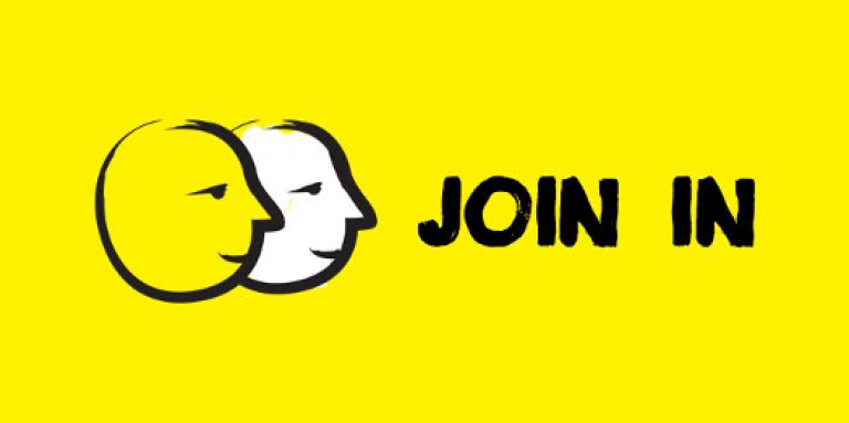 A yellow banner featuring an illustration of two cartoon faces outlined in a thick, black paintbrush design. Text: Join in.