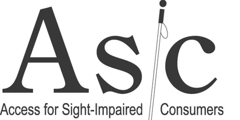 Logo for ASIC (Access for Sight-Impaired Consumers), featuring the organization’s name and an image of a white cane
