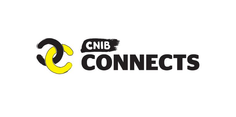 CNIB Connects logo. A graphic art illustration that simulates two of the letter c's connecting like a chain. A mirrored design, the backwards facing 'c' in black is linked up with a forward facing 'c' in a yellow. Text: CNIB Connects.
