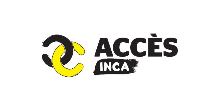 Logo d'Accès INCA Illustration qui simule deux lettres « c » reliées comme une chaîne. Un dessin en miroir, le « c » noir tourné vers l'arrière est relié à un « c » jaune tourné vers l'avant. Texte : Accès INCA.